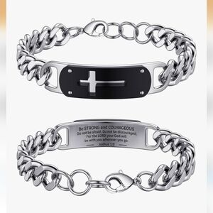 Cross Bracelet Stainless Steel Cuban Cross Chain Link Bracelets Bible Joshua 1:9
